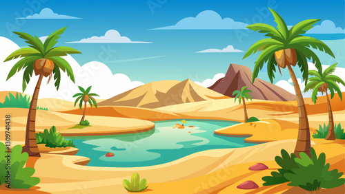 desert oasis with a small pond, palm trees, and sand dunes