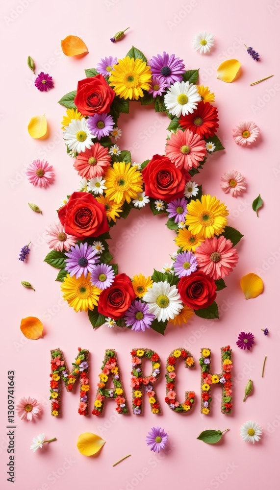 Floral composition for March 8 with bright gerbera daisies and colorful flowers on pink background Floral composition for March 8 with bright gerbera daisies and colorful flowers on pink background
