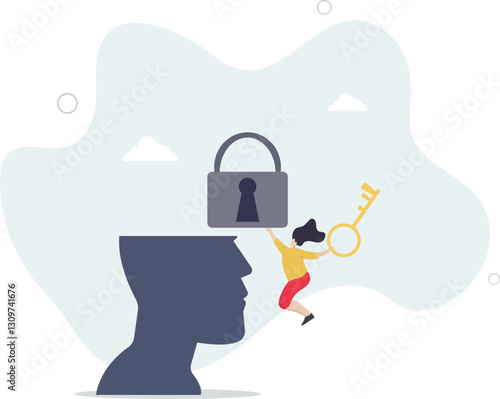 Woman character solve mental problems, learn self accepting and how to find herself.Psychotherapy concept.flat character life .