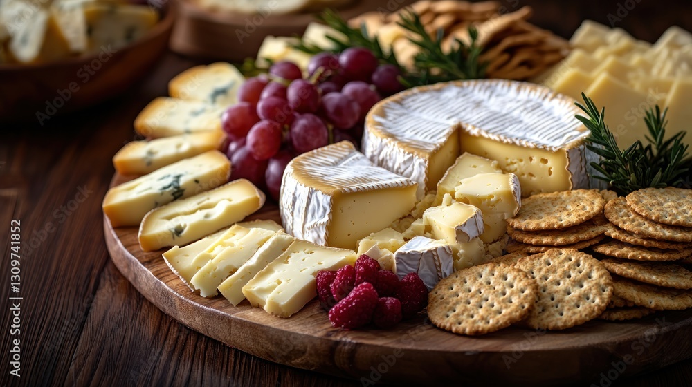 gourmet cheese platter with assorted crackers, warm tones, elegant setup gourmet cheese platter with assorted crackers, warm tones, elegant setup