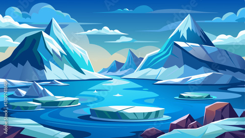 Arctic landscape with glaciers, icebergs