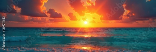 Fiery sunset paints Caribbean sky, reflecting on tranquil turquoise waves , blue, photography, golden hour