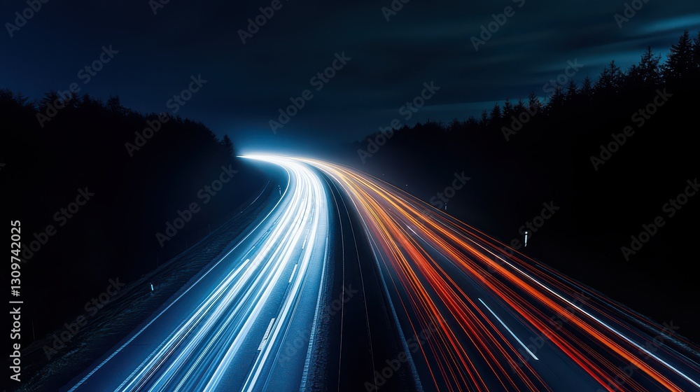 A surreal long-exposure shot of a single car driving on a lonely highway at night, surrounded by endless motion trails. A surreal long-exposure shot of a single car driving on a lonely highway at night, surrounded by endless motion trails.