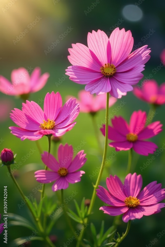 Pink cosmos blossoms in vibrant garden, sunlight , floral, summer Pink cosmos blossoms in vibrant garden, sunlight , floral, summer