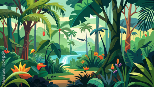 tropical rainforest landscape with dense foliage and exotic birds