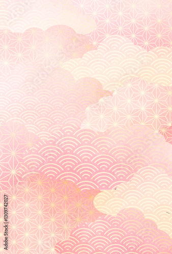 春・ピンク・和柄・雲・背景　縦