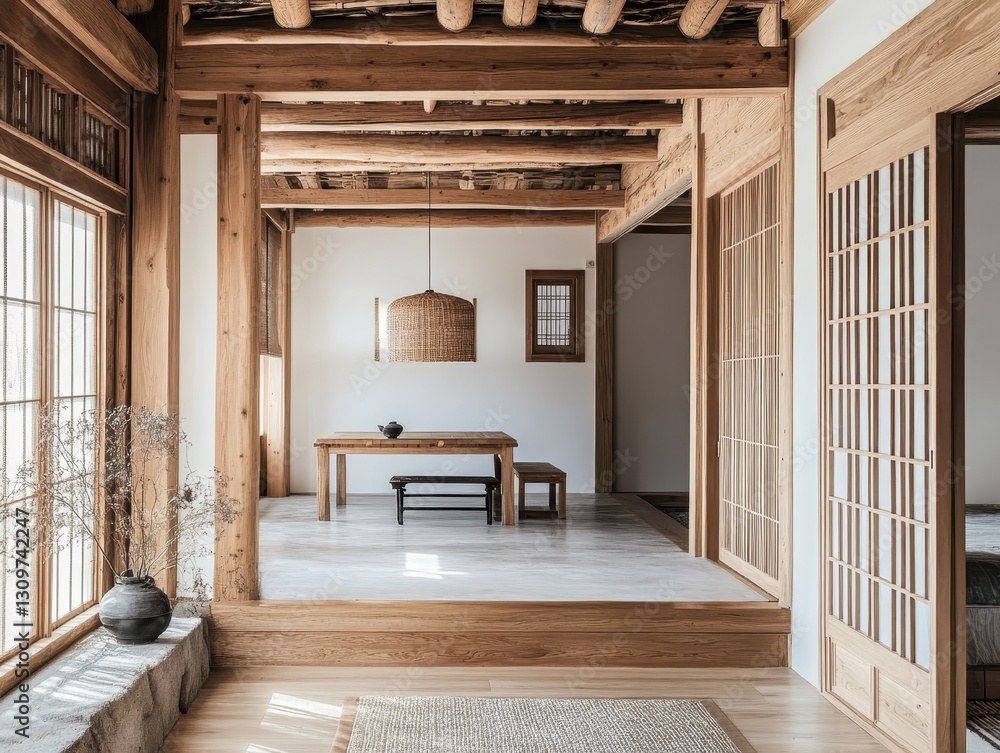A traditional dining room in a warm and inviting wooden home A traditional dining room in a warm and inviting wooden home