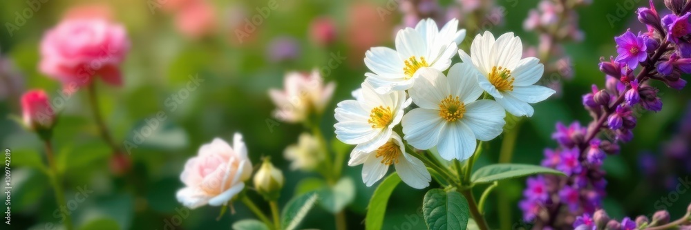 High-angle view of white Verbascum blossoms amidst roses and salvia , flower power, herbaceous plants High-angle view of white Verbascum blossoms amidst roses and salvia , flower power, herbaceous plants