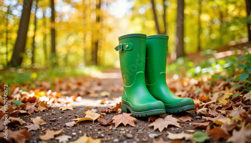 Bright green rubber boots resting on autumn trail, nature exploration