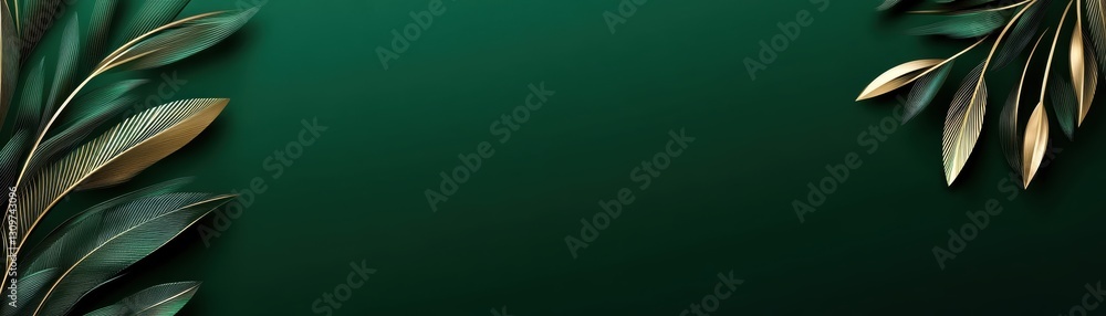 A lush, dark green backdrop features elegantly designed golden and green leaves at the edges, offering a contemporary and luxurious feel, perfect for wedding invitations, eco-friendly branding A lush, dark green backdrop features elegantly designed golden and green leaves at the edges, offering a contemporary and luxurious feel, perfect for wedding invitations, eco-friendly branding