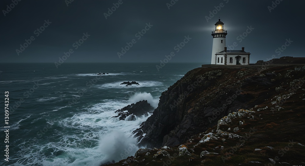 A lonely lighthouse standing on a rocky cliff, waves crashing below. A lonely lighthouse standing on a rocky cliff, waves crashing below.