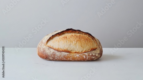 A loaf of bread is sitting on a white table