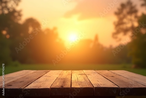 Empty wooden table with blurred sunset background for backdrop and product presentation. Mockup template for artwork graphic design. Nature background