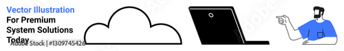Cloud symbol next to a laptop and a person gesturing, symbolizing technology, user engagement, and modern digital solutions. Ideal for IT concepts, data cloud, tech tools, online services, SaaS