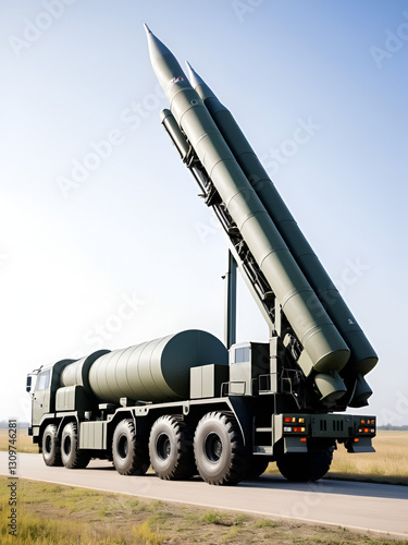ICBM on a transporter erector launcher vehicle, isolated on white.