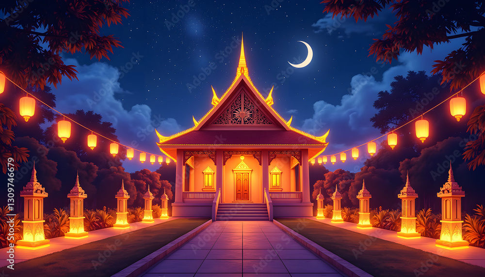Brightly lit temple at night under a crescent moon Brightly lit temple at night under a crescent moon