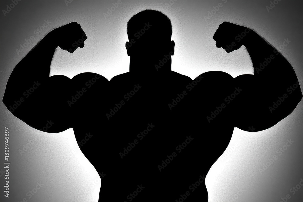 Fototapeta premium Muscular Man Silhouette Flexing Biceps, Dramatic Lighting, Gray Background