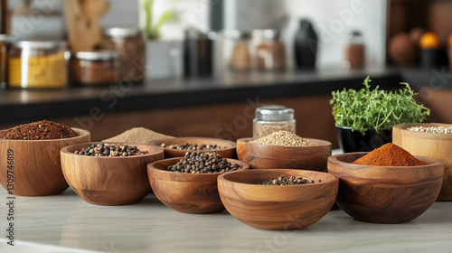 Fototapeta Naklejka Na Ścianę i Meble -  Wooden bowls with various spices and ingredients