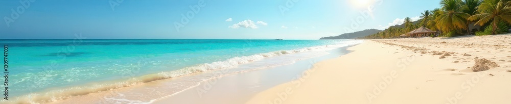 Sun-drenched beach, fine sand texture, clear sky, ocean, holiday Sun-drenched beach, fine sand texture, clear sky, ocean, holiday