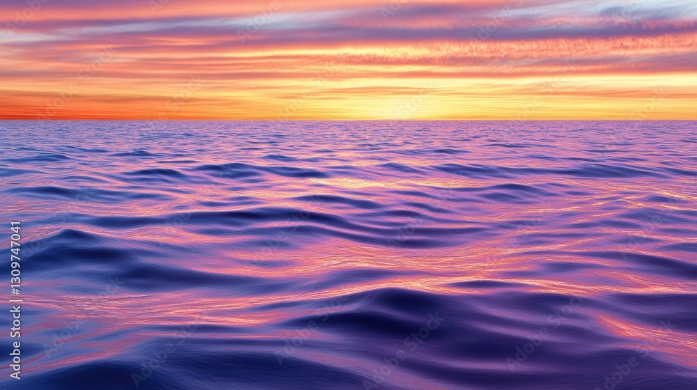 Obraz premium A tranquil ocean scene at sunset, featuring gentle waves reflecting vibrant hues of orange and purple in the sky, Ideal for use in relaxation, travel, or nature-themed projects,