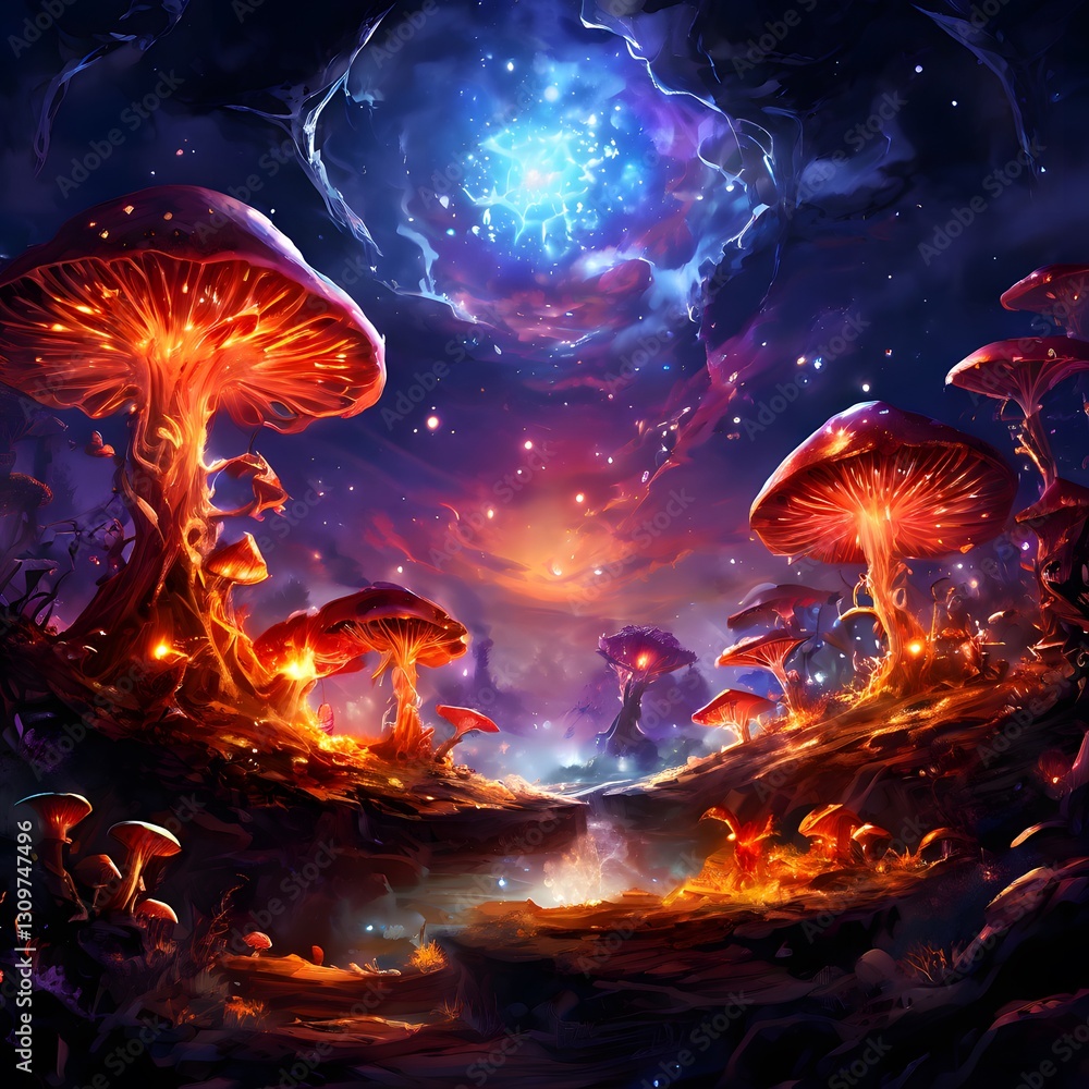 A whimsical, illuminated forest with glowing mushrooms and a magical, snowy sky