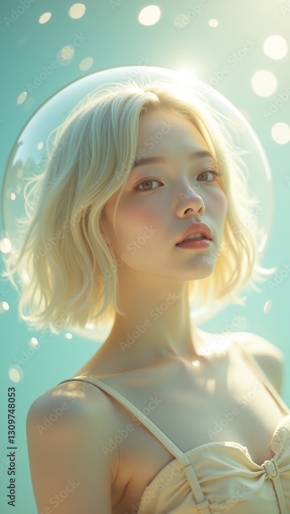 photograph a young Japanese woman short bob haircut glowing softly under natural sunlight reflections shimmering soap bubble water bubble photograph a young Japanese woman short bob haircut glowing softly under natural sunlight reflections shimmering soap bubble water bubble