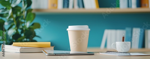 Coffee Cup on Desk with Notebook and Tablet in Office