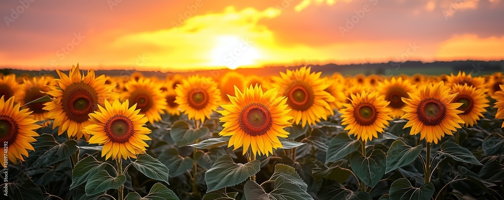 Obraz premium Vibrant Sunflower Field at Sunset with Bright Colors
