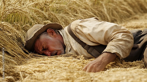 A migrant worker in a field, exhausted from working long hours under the sun