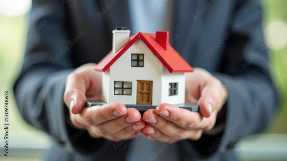 hands holding small model house with red roof and chimneys, symbolizing real estate or home ownership. concept of investment, security and mortgage. real estate, financial services, home loans. hands holding small model house with red roof and chimneys, symbolizing real estate or home ownership. concept of investment, security and mortgage. real estate, financial services, home loans.