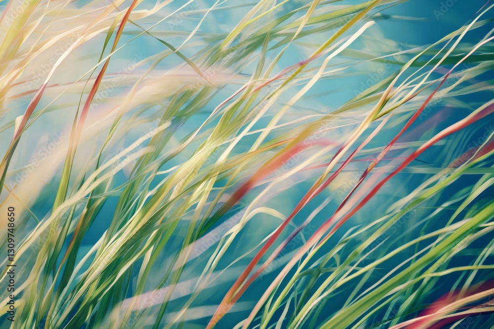 Obraz premium Close up of seagrass swaying gently in the current of a restored coastal habitat, showcasing its vibrant colors and delicate movement