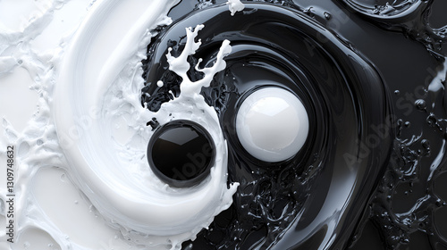 Yin yang symbol in black and white liquid splash
