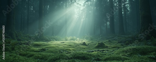 Misty Forest with Sunlight Breaking Through Trees