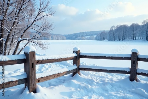 Wallpaper Mural Snow-covered wooden fence with a frozen lake in the background, wintry, snow Torontodigital.ca