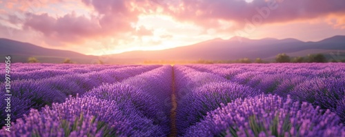 Serene Lavender Field at Sunset with Vivid Colors