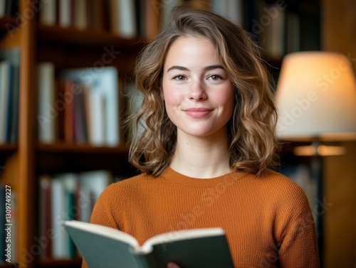 Young Woman Reading Book in Cozy Library Setting