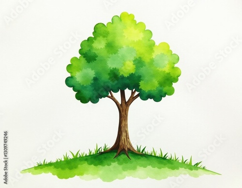 Watercolor Painting of a Single Green Tree on a Hill