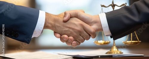 Professional Handshake with Legal Scales in Background