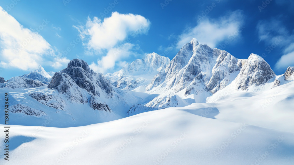 Fototapeta premium Majestic snow-covered sandstone peaks rise against a clear blue sky showcasing the beauty of rugged mountains and snowy landscapes. AI generative.