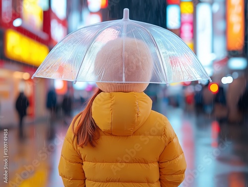 Person with Clear Umbrella in City Rainy Night