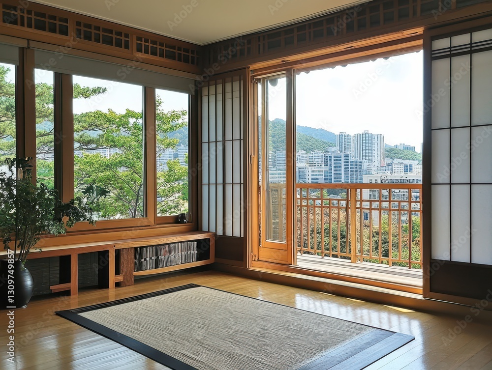 Obraz premium A spacious room featuring windows overlooking a distant cityscape