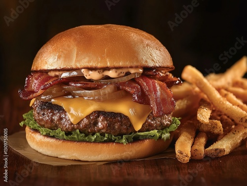 Juicy Bacon Cheeseburger: A mouthwatering classic cheeseburger with crispy bacon, melted cheese, and caramelized onions. The burger is perfectly grilled and served with a side of golden french fries.