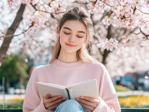 Young Woman Enjoying Book Under Cherry Blossoms
