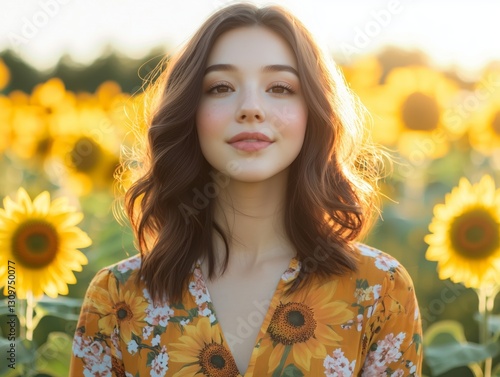 Young Woman in Sunflower Field with Warm Light