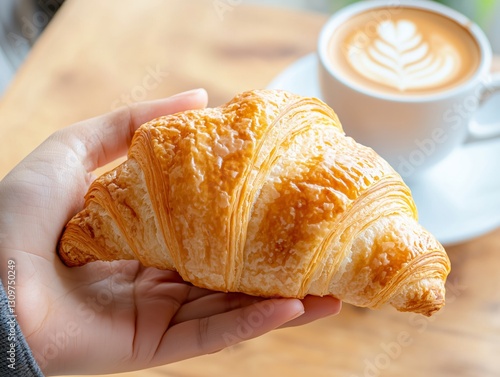 Freshly Baked Croissant with Coffee on Wooden Table