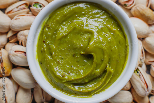 Delicious homemade pistachio paste or cream,spread with pistachios.