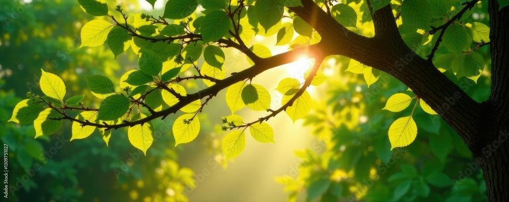 Obraz premium Tree with a glowing sunlight filter through the leaves, light, shade, tree