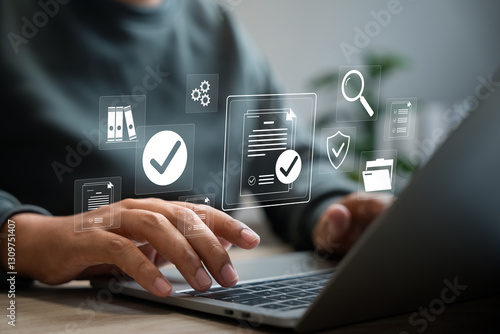 Photos Business tracking and auditing concept, Businessman using technology track performance, Online surveys, Document approval, Business evaluation for certification compliance, Online checklist survey