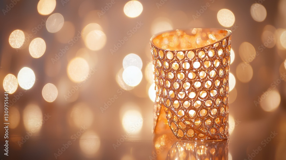 Fototapeta premium Elegant Gold Metal Candle Holder with Bokeh Lights Background