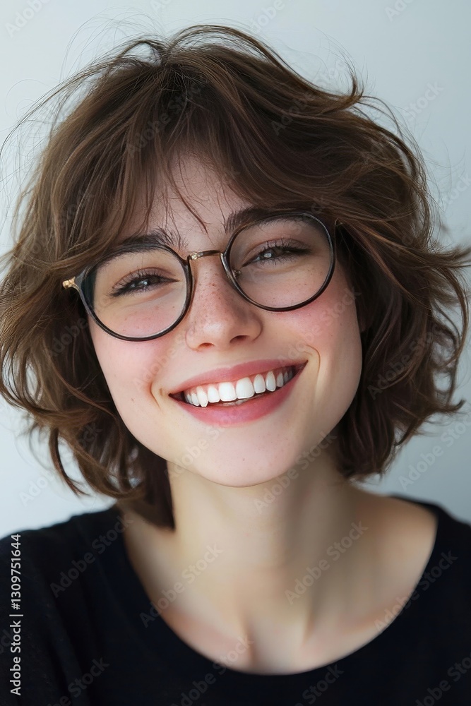 Obraz premium Happy Young Woman with Short Brown Hair and Glasses